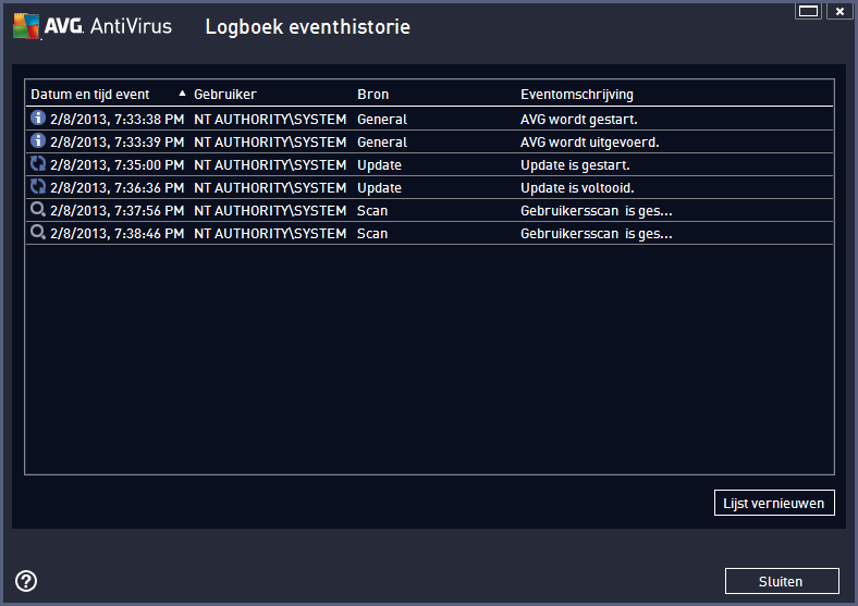 12.5. Logboek eventhistorie Het dialoogvenster Logboek eventhistorie is toegankelijk via Opties / Historie / Logboek eventhistorie in de navigatiebalk in het hoofdvenster van AVG AntiVirus 2013.