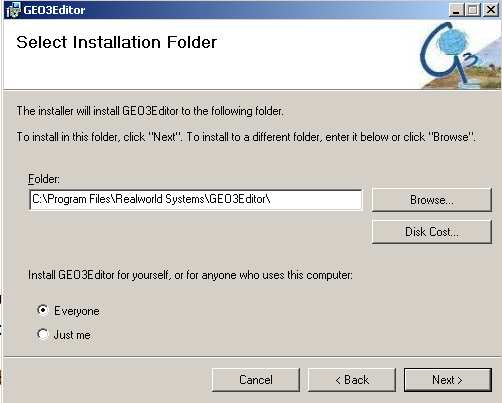 msi. Selecteer locatie om te installeren. Druk dan next en nog een keer next. De Geo3 software wordt bij default in c:\program Files\Realworld Systems\GEO3 editor\ geplaatst.