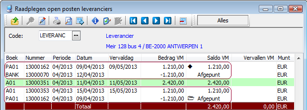 De afpunting kan eveneens manueel uitgevoerd worden via Verrichting Afpunten - Leveranciers Door te klikken op opgenomen.