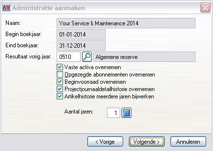 Pagina 14 van 34 8. Controleer de gegevens in het venster, wijzig ze zo nodig en kies Volgende. Wijzig de vermelde valutacodes niet! Let op: De Admin vorig jaar dient ingevuld te zijn.