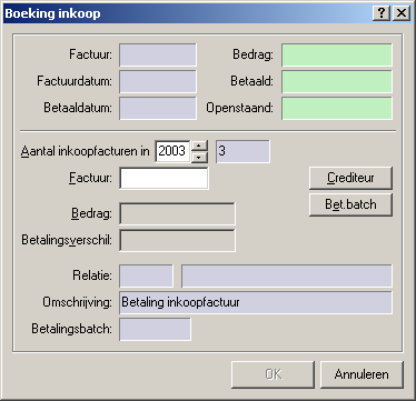 Betaling v.e. inkoopfactuur Wanneer u ervoor kiest om een betaling van een inkoopfactuur in te voeren krijgt u het volgende venster.