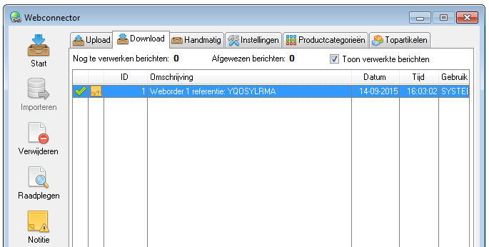 WebConnector Hoofdstuk 13 13.7 Online bestellingen importeren Afhankelijk van uw instellingen zoals beschreven in paragraaf 13.1 worden online bestellingen (weborders) automatisch geïmporteerd.