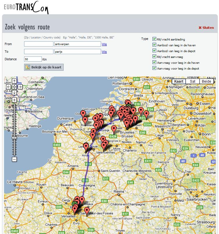 GEOGRAFISCH ZOEKEN Hier kan u zoeken volgens route. Hier kan u de gegevens ingeven van uw route die u moet volgen, postcode / gemeente / landcode. Daaronder geeft u de straal in, in km, rond de route.