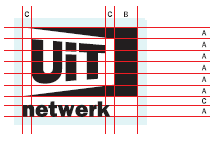 9.2 Verticale afgeleide De extensie shop, pas, netwerk, wordt geplaatst onder het UiTlabel op een afstand gelijk aan C. De grootte van het corps op x-hoogte is gelijk aan A. Bvb.