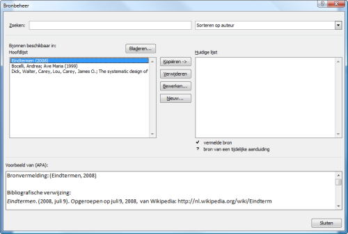 Microsoft Office 2007 - Word - Bibliografie Wil je bibliografie in een document invoegen, moet je de bronnen selecteren die op het document slaan.
