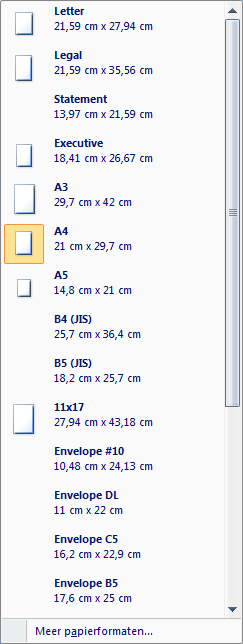 Onderaan kan je met behulp van de optie Meer papierformaten kiezen voor andere specifieke
