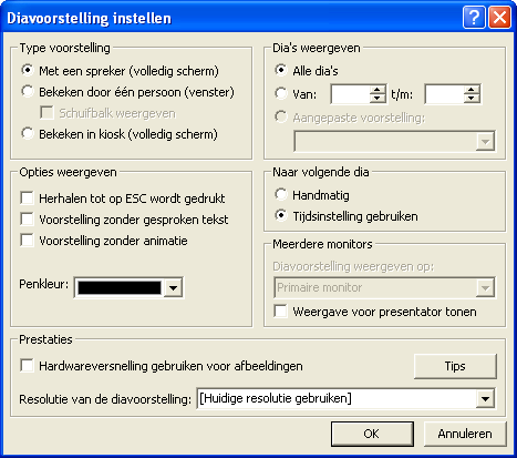 Voorstelling starten Om de diavoorstelling te testen/starten, ga je naar Diavoorstelling, Voorstelling weergeven (F5).