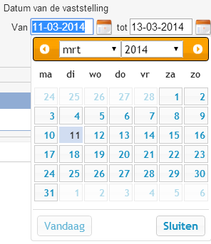 Om de bouwplaats die hem interesseert te zoeken, kiest de gebruiker de periode waarbinnen een bezoek gepland is. Hij kan deze periode definiëren met behulp van de kalenders in de datumvelden.