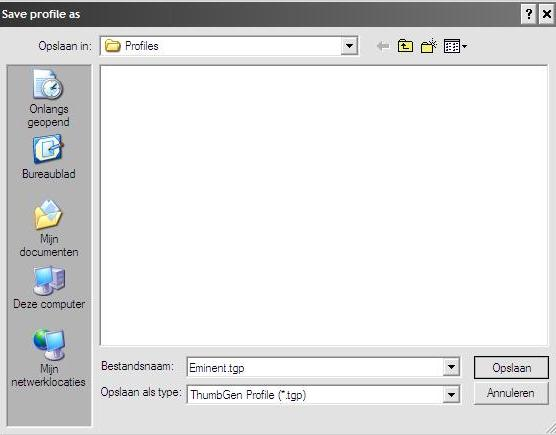 36 NEDERLANDS 13. Sla het huidige profiel op. Noem dit profiel bijvoorbeeld Eminent zoals in de volgende afbeelding wordt getoond: Afbeelding 18 ThumbGen 14.