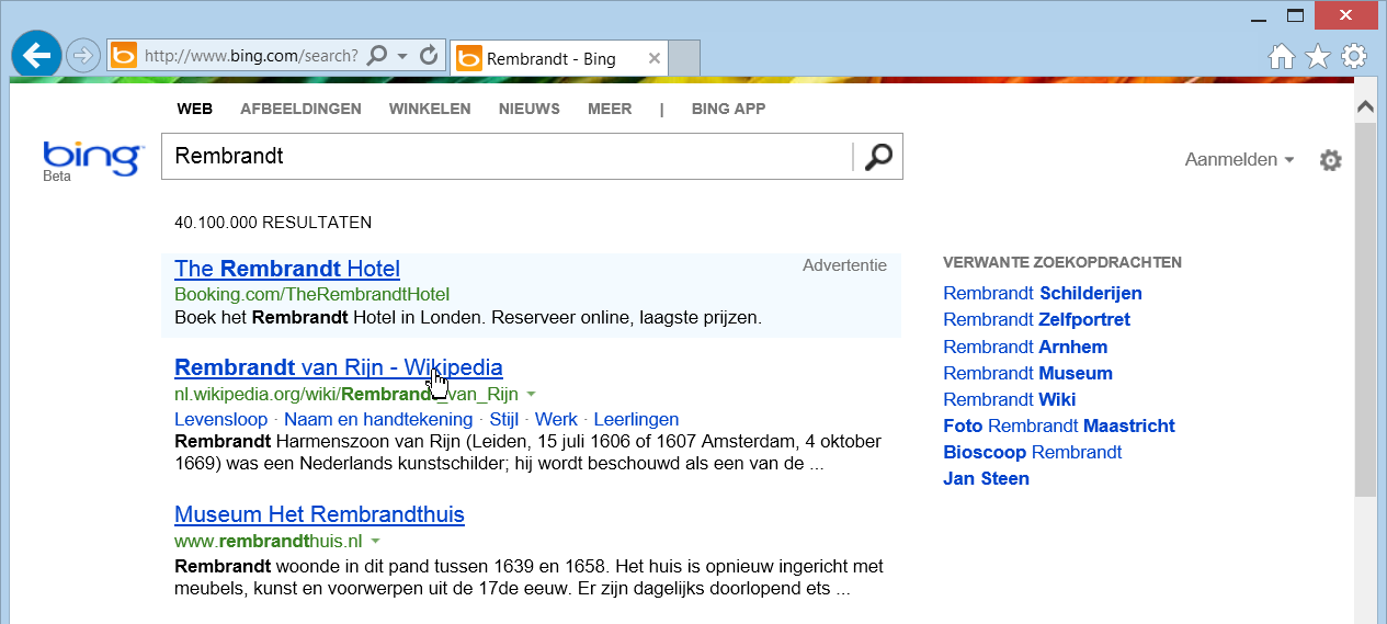 104 Internet en e-mail voor senioren met Windows 8 Klik in de adresbalk Typ: Rembrandt Druk op Tip Zoeken via de adresbalk in de Internet Explorer app Ook in de Internet Explorer app kunt u zoeken