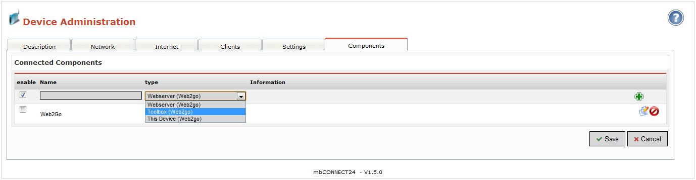 9 5.2.6 Tabblad Components In dit tabblad kunnen extra services zoals de Toolbox of webserver Web2go geconfigureerd worden.