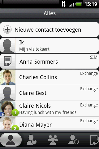66 Mensen Contacten bekijken en beheren Het tabblad Allen van het scherm Mensen laat alle contacten zien, waaronder Google-contacten, Exchange ActiveSync-contacten, telefooncontacten, en contacten op