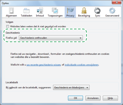 3 Configuratie 3 5. Selecteer in het gebied [Geschiedenis] de optie [Geschiedenis onthouden]. 6. Klik op [OK]. 7. Download Adobe Flash Player vanaf de Adobe-website (http://www.adobe.