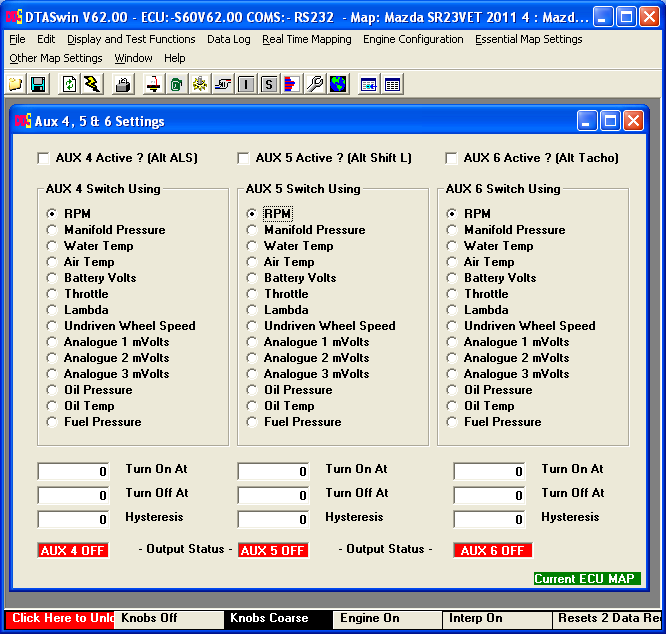 Aux 4/5/6 & Aux 7/8/9 Menu: Other Map Settings/Aux4/5/6 & Aux 7/8/9 Settings De AUX4 t/m AUX9 zijn eenvoudige schakelbare uitgangen die schakelen met de gegeven variabelen.