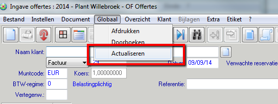 Figuur 2: Keuzeschermpje opties voor actualiseren. 4.2. Globaal actualiseren. In het Ingavescherm offertes (zie Figuur 3 op pagina 3) vind je onder het menu ->Globaal de functie Actualiseren.