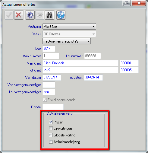 Figuur 4: Selectiescherm globaal actualiseren. 4.3. Opmerkingen. 1. Het actualiseren van een offerte houdt in dat steeds alle artikellijnen in het document geactualiseerd worden. 2.