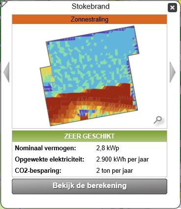 Stokebrand 510 Uitleg Zowel Zonatlas als Zonnekaart geven voor dit adres Zeer geschikt aan. Zonatlas berekent echter een veel hogere jaaropbrengst (2.900 kwh) dan Zonnekaart (650 kwh).