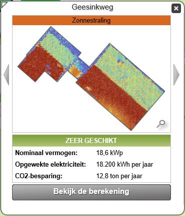 Geesinkweg 3 Uitleg Zowel Zonatlas als Zonnekaart geven voor dit adres Zeer geschikt aan, waarbij dezelfde twee dakdelen worden weergegeven. Zonatlas gaat uit van een opbrengst van 18.