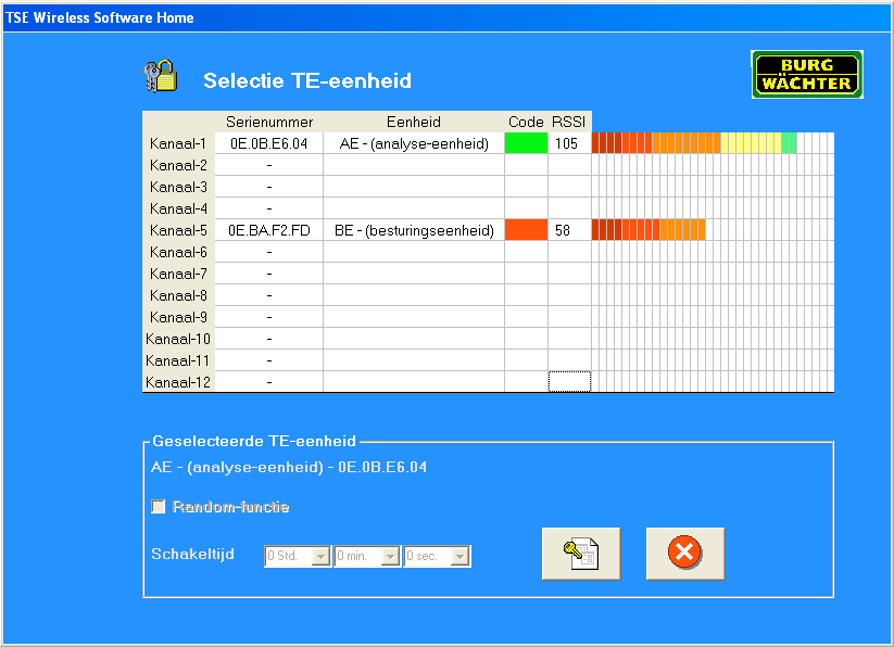 Afb. 19: Analyse-eenheid aanleren (Automatische herkenning) In de verticale kolom staan de zendkanalen vermeld met de informatie van de automatisch aangeleerde eenheid.