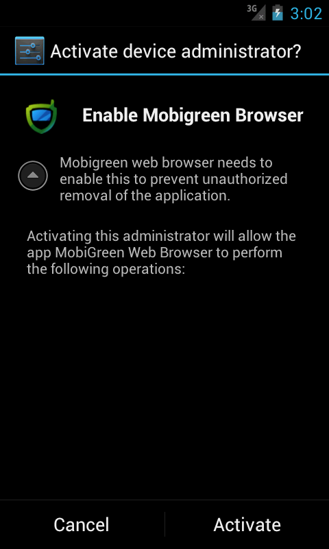 h) De Kliksafe Mobi app vraagt u om de app in te schakelen als een 'device admin application'. Kies "Activate" (zie schermafbeelding).