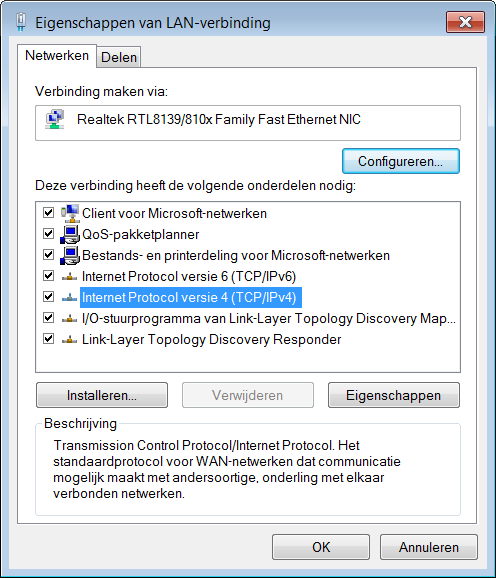 6) Selecteer Internet Protocol version 4 (TCP/IPv4) en klik op [Eigenschappen].