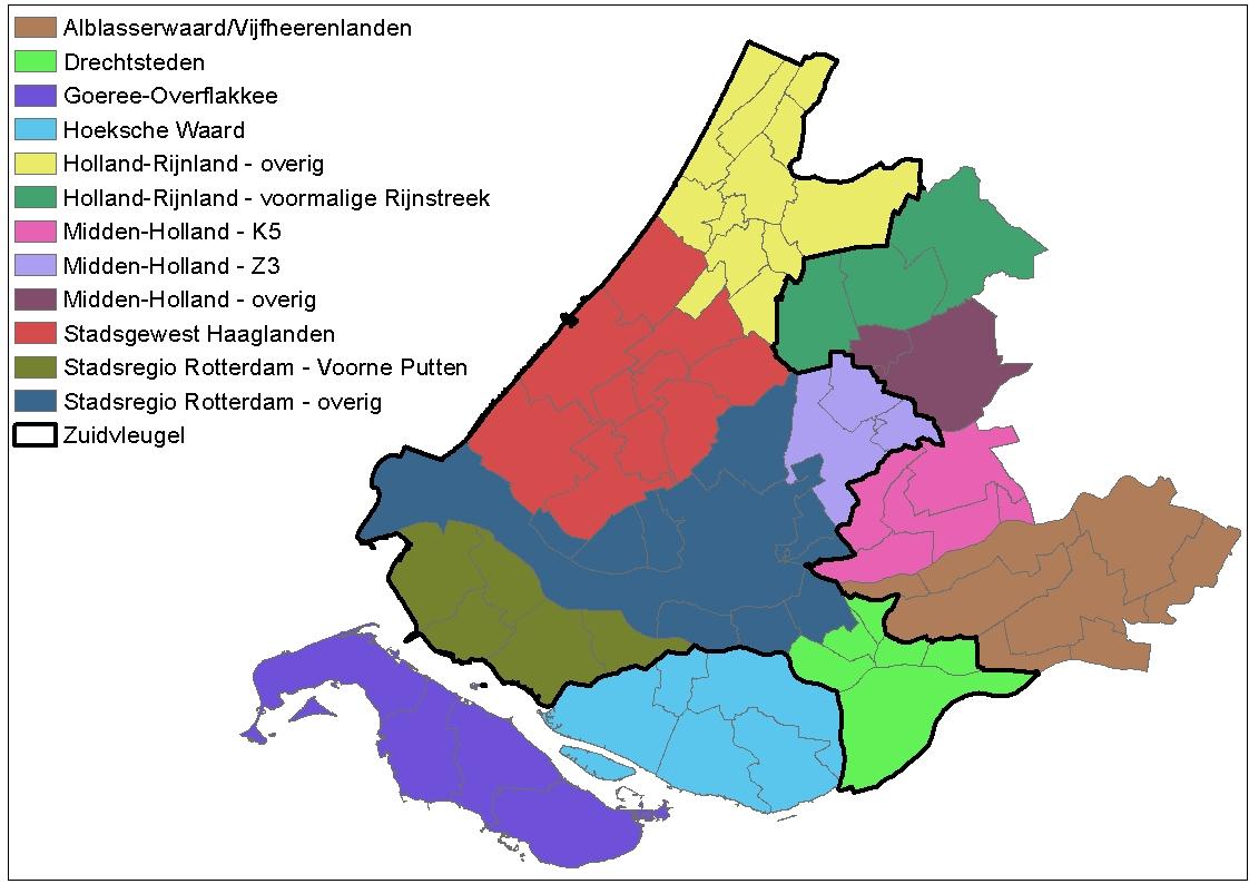 Figuur 2.5 Bestuurlijke regio s in Zuid-Holland en begrenzing Zuidvleugel saldo toestroom van de genoemde leeftijdsgroep in de verhuisstatistiek zichtbaar.