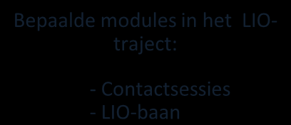 LIO-trajecten Het basisprogramma = gelijkaardig in elke SLO Het theoretische gedeelte (30 studiepunten) Het praktijkgedeelte (30 studiepunten) Vormgeving en inhoud van de opleidingsonderdelen en/of