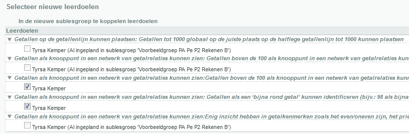 Selecteer welke leerdoelen mee moeten uit de sublesgroep waar de leerling uit komt (Let op! Deze leerdoelen staan standaard aangevinkt.