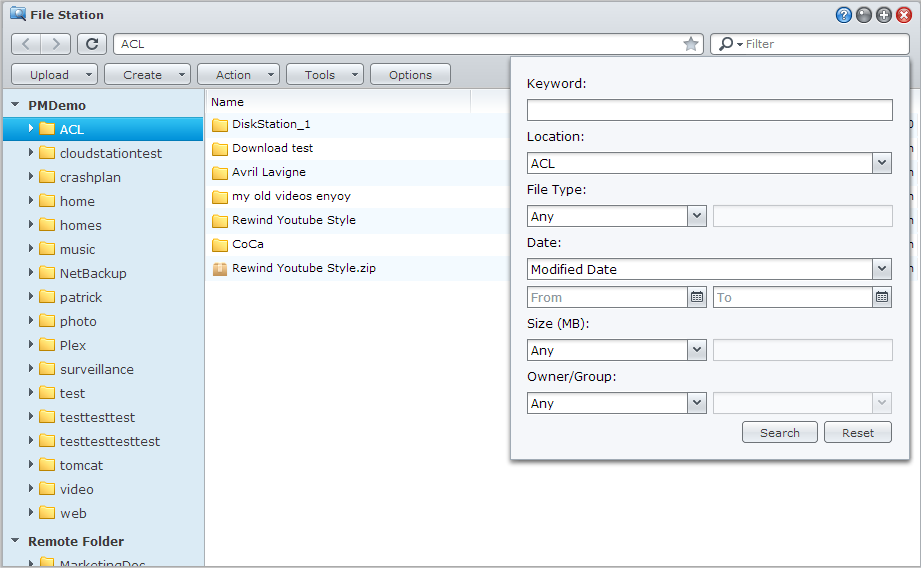 Bestanden of mappen zoeken Gebruikershandleiding voor Synology RackStation U kunt trefwoorden in het veld Filter in de rechterbovenhoek van File Station invoeren om bestanden of mappen in de huidige