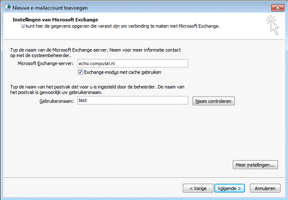 Typ de naam in van de Exchange-server van Computel Standby: echo.computel.nl.