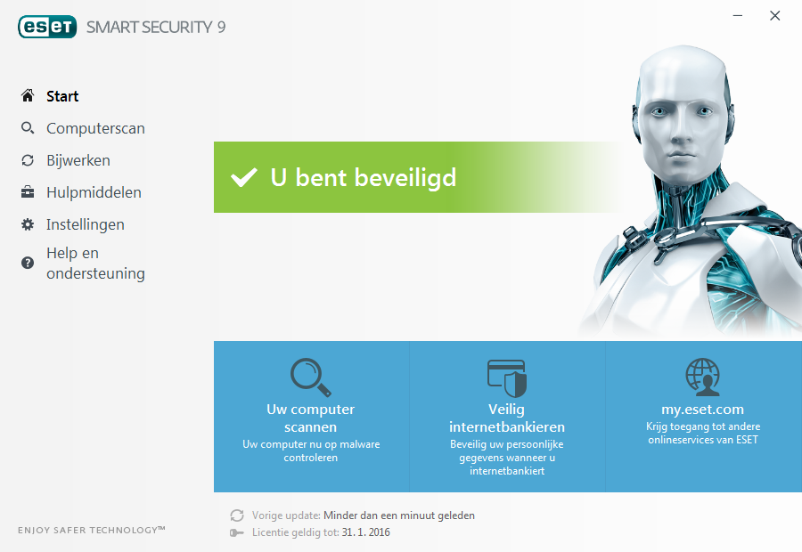 ESET Smart Security-pictogram in het gedeelte voor Windows-meldingen (het systeemvak). Gebruikersinterface In het gedeelte Start vindt u informatie over het huidige beveiligingsniveau van uw computer.