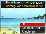 Beschermen van een bestand tegen wissen (Beveiligen) Procedure [p] (WEERGAVE) * [MENU] * WEERGAVE indextab * Beveiligen Aan Alle best. : Aan Beveiligt specifieke bestanden. 1Blader d.m.v. [4] en [6] door de bestanden totdat het te beschermen bestand wordt getoond.