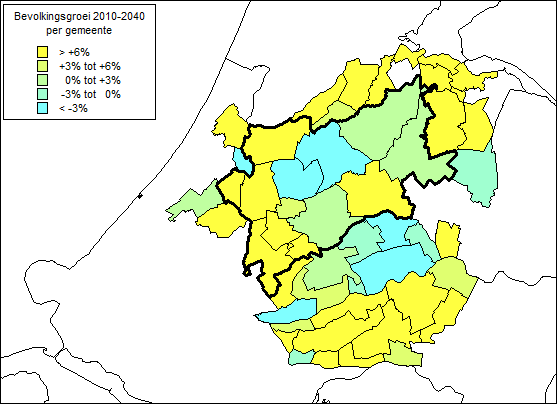 Kaart 3: Bevolkingsgroei in % (2000-2011) Bron: ABF Ook in de komende decennia zal lokaal sprake zijn van krimp, maar we zullen niet kunnen spreken van een te verwachten versnelling van de