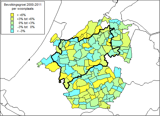 Kaart 8: Bevolkingsontwikkeling Groene Hart, 2000-2011 Bron: CBS, 2000-2011 In het Groene Hart als geheel is nog geen sprake van demografische krimp.