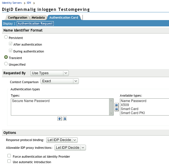 Selecteer "Authentication Request" uit het menu en configureer als volgt.