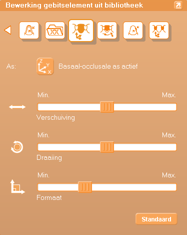 In het bijbehorende functiescherm kan men verschillende aanpassingen uitvoeren: Verwisselen van as. Een verschuiving uitvoeren in de richting van de as. Draaien rond de geselecteerde as.