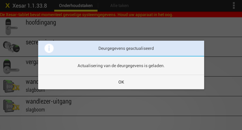 Afbeelding 127: Xesar-tablet met succes gesynchroniseerd Afbeelding 128: Xesar-tablet - Onderhoudstaken, deurgegevens geactualiseerd Onderhoudstaken Als