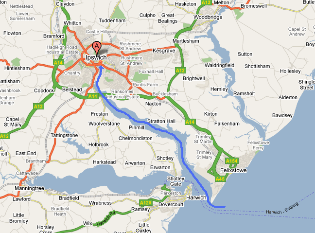 Harwich / Ipswich Vanaf de monding bij Harwich, is het nog 8 mijl varen over de rivier de Orwell totdat we bij Ipswich zijn.
