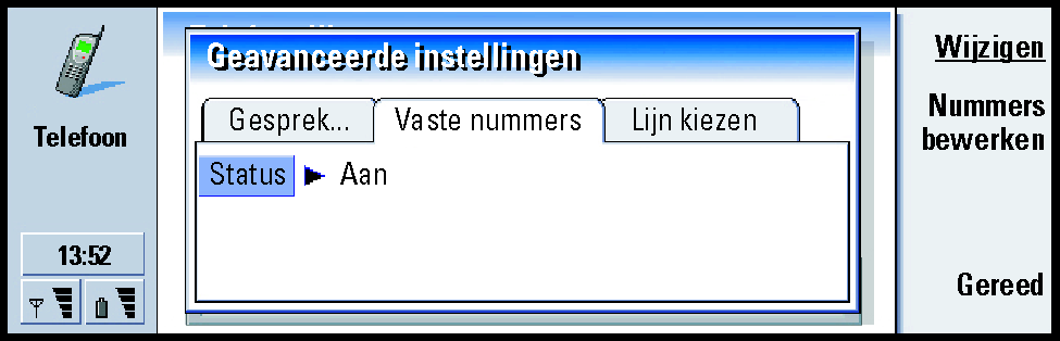 103 Telefoon Figuur 28 Als u de instellingen wilt wijzigen of de vaste nummers wilt weergeven, moet u uw PIN2-code invoeren.