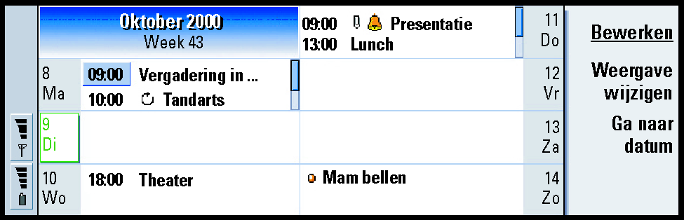 138 Agenda Tip: Zie pagina 143 als u een lijst wilt weergeven met de pictogrammen die in alle weergaven zichtbaar zijn. Tip: Als u de begindag van de week wilt wijzigen, drukt u op Extra s.