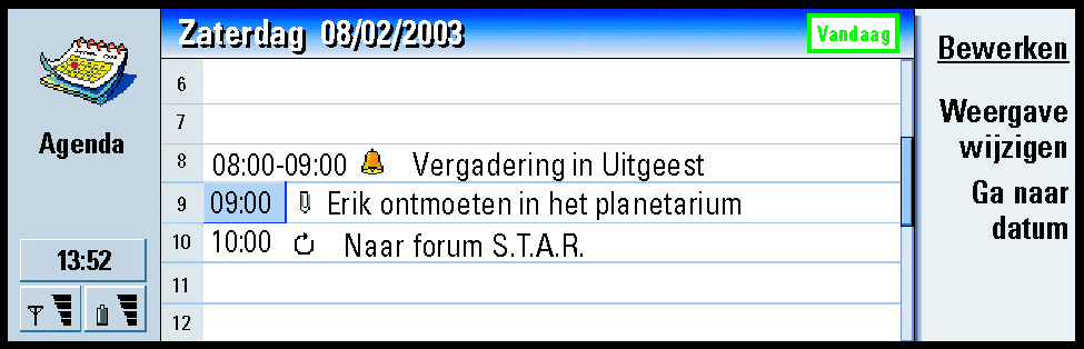 Dagweergave 139 Agenda Figuur 45 In de Dagweergave worden de gebeurtenissen voor de geselecteerde dag weergegeven. Gebeurtenissen worden op basis van de begintijd in een tijdvak gegroepeerd.