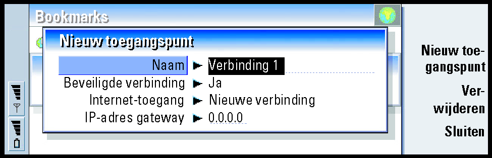 174 Internet Figuur 64 Tip: De sneltoets voor het opgeven en bewerken van WAP-toegangspunten is Ctrl + Shift + X. 3 Druk op Sluiten als u klaar bent. Naam: De naam van de verbinding.