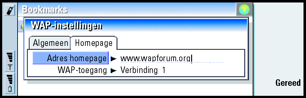 177 Internet Figuur 66 Hier kunt u instellingen wijzigen, zoals uw WAP-homepage. OPMERKING: U kunt een bestand op de communicator als homepage gebruiken.