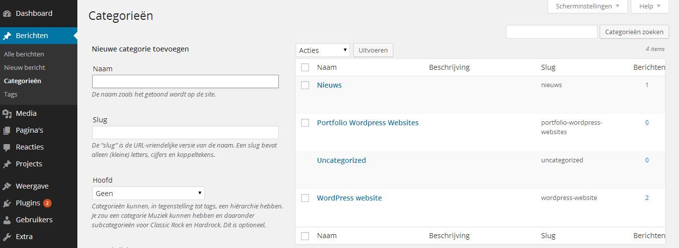8 WordPress berichten In de berichten module maak je nieuwe berichten, categorieën en tags aan.
