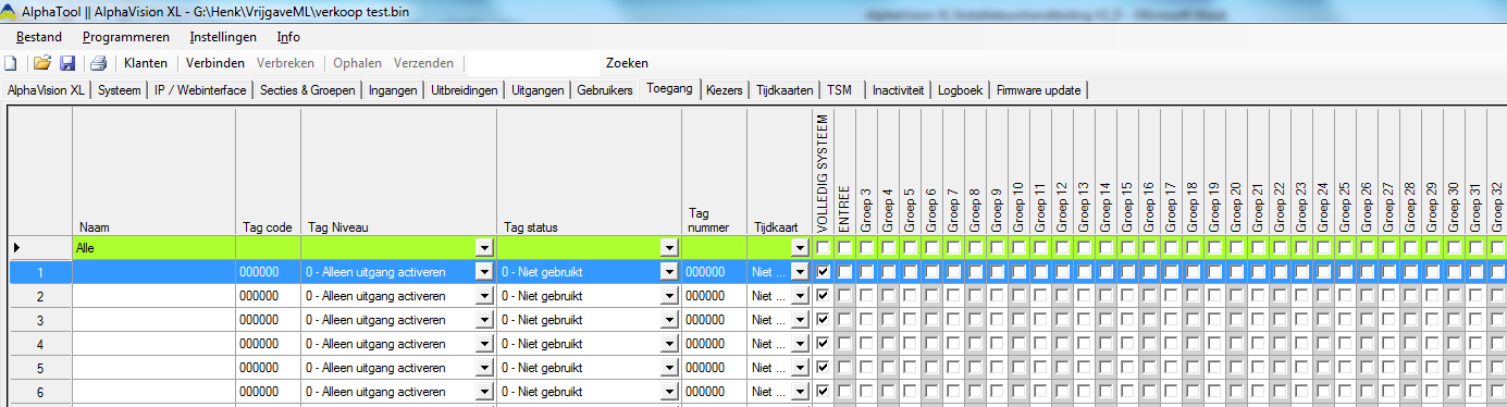 Programmeren: Proximity TAG s voor toegangsverlening Wanneer gekozen wordt voor Toegang verschijnt onderstaand scherm met een lijst van alle toegangsgebruikers.