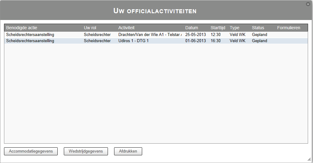 3.3 Aanstellingen toekomst (Menukeuze af te handelen) Na het selecteren van de knop in het menu Activiteiten verschijnt het scherm Uw official activiteiten.