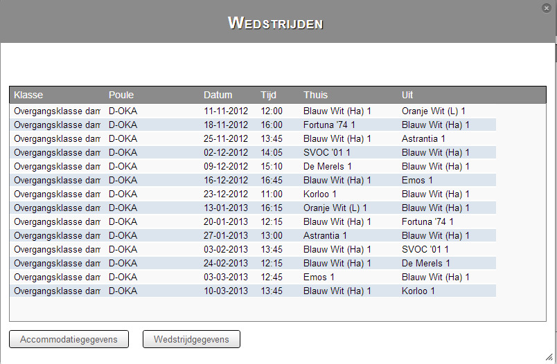 Afbeelding 25: wedstrijdenoverzicht per vereniging 3.9.9 Opzoeken wedstrijdprogramma per vereniging 1) Nadat je de knop hebt aangeklikt, verschijnt het scherm Wedstrijden.