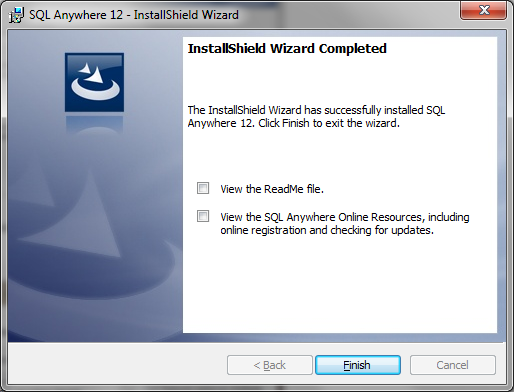 DOM ELS software SQL Anywhere 12 installeren (server-pc) Dialoogvenster InstallShield Wizard completed.