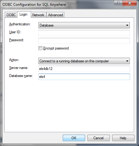 DOM ELS software ODBC-Databankbron maken (server-pc) Het dialoogvenster ODBC Configuration for SQL Anywhere gaat open. 7. Type in het veld Data source name els4db12-els4 in.