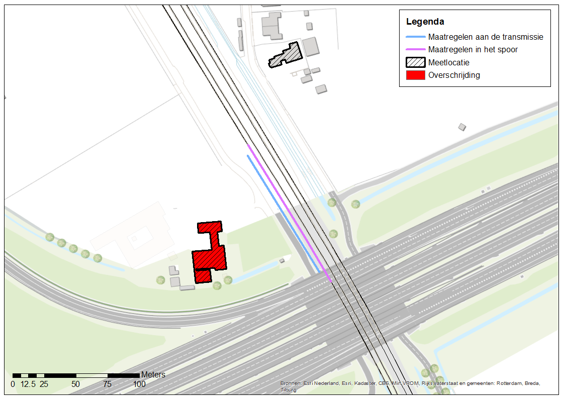 Figuur 8-15 Locaties met overschrijdingen, subgebied Nieuwe Houtenseweg zuid/mereveldseweg, rond Nieuwe Houtenseweg 55 Er zijn metingen uitgevoerd in de gearceerde gebouwen, er is alleen een